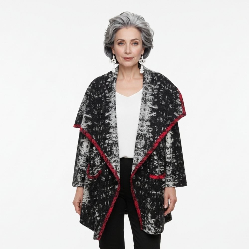 Art of Cloth Lagenlook Artsy Black White Abstract Open Front Knit Cardigan XL